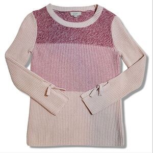 LOFT Sweater Pink Colorblock Ribbed Scoop Neck Long Sleeve Cuff Ties Sweater